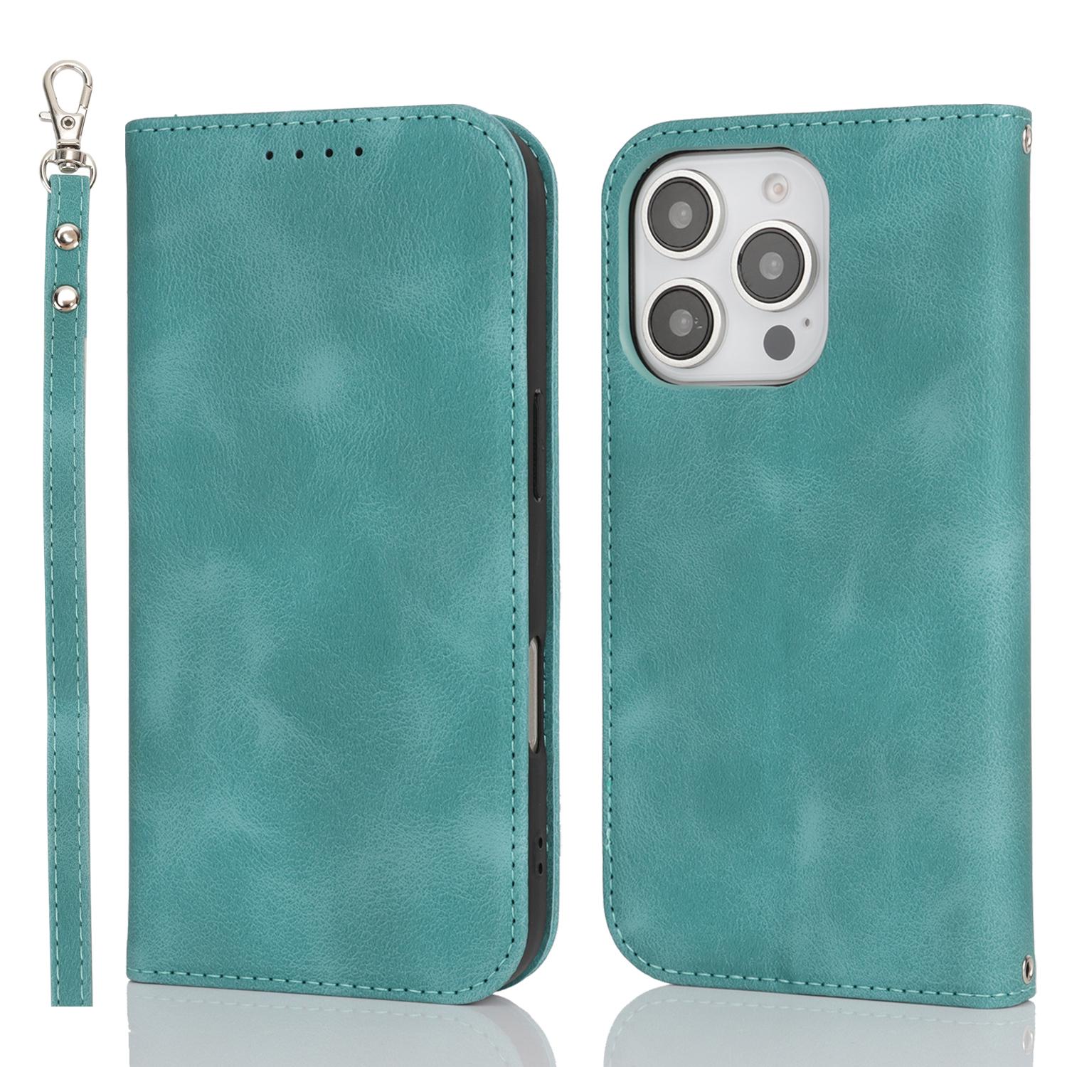 

For iPhone 16 Pro Stand Case Magnetic Closure Skin Touch Leather Flip Phone Cover with Wallet Cyan