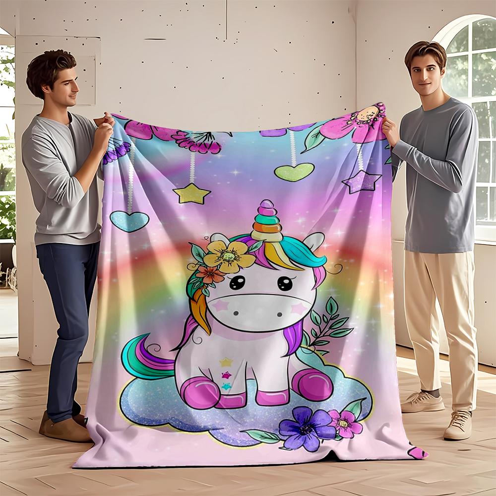 Cute Rainbow Unicorn with Flowers Design Blanket Flannel Blanket for Bedroom, Living Room, Sofa, and Nap Sofas