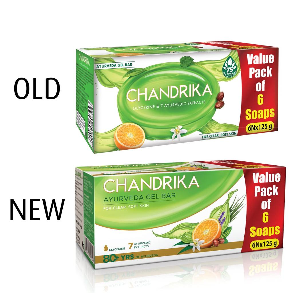 Chandrika Glycerine Ayurveda Gel Bar Soap With Jojoba Oil For Moisturized Skin | Gentle Herbal Bath Bar For All Skin Types | (125g X 6N) Pack Of 1