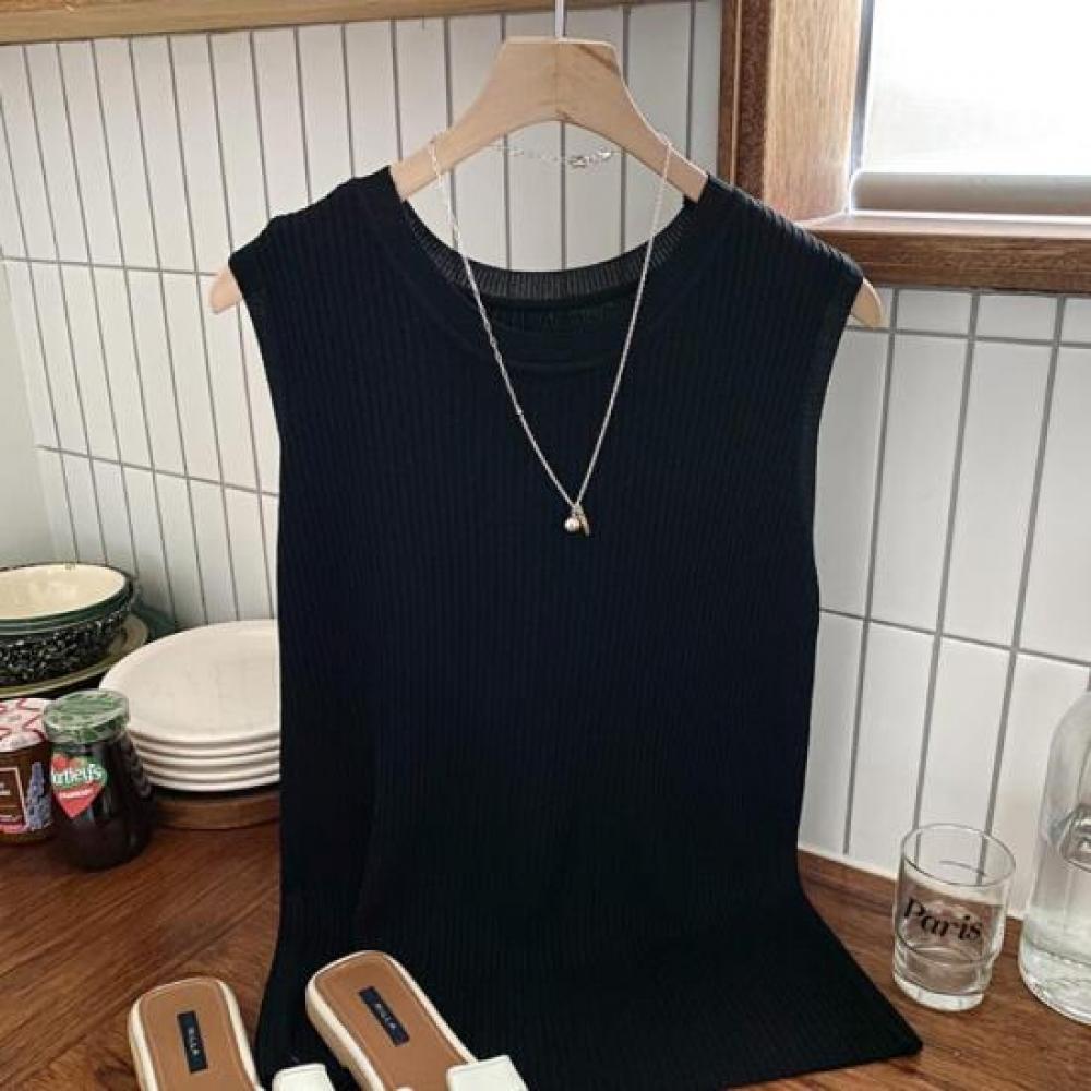 New Arrivals Open Run Women Crew Neck Sleeveless Minimal Sweater Ribbed
