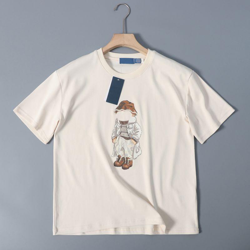 

American Style 2025 Embroidered Print Fisherman Hat Bear Cotton Short sleeve Light Beige T-shirt Fisherman hat bear T-shirt light beige XS