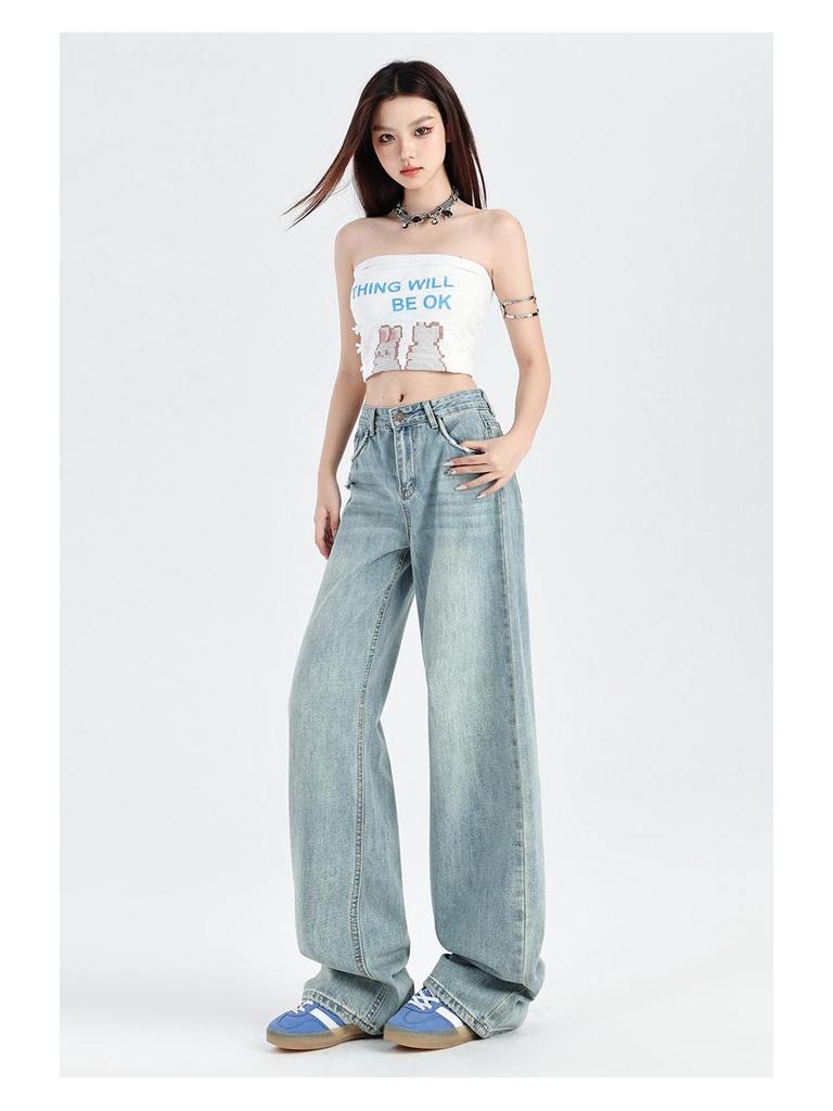 2025 Spring/Summer Women's High Waist Straight Leg Light Wash Non-Elastic Jeans - Slimming Bodycon Drapey Trendy Long Pants