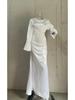 Women's White Tie-Up Long Sleeve Dress - Autumn/Winter, Elegant Chinese Style, Casual with Waist-Cinching Fit