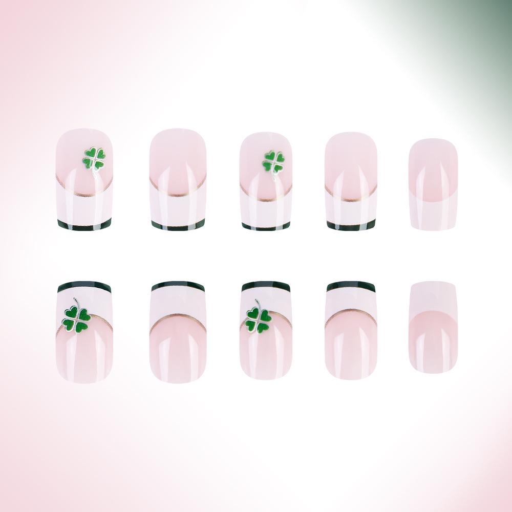 Chinesischer Stil Vierblättriges Kleeblatt Goldfolie Französische Tip Nägel - St. St. Patrick's Day Set mit 24 abnehmbaren künstlichen Nägeln