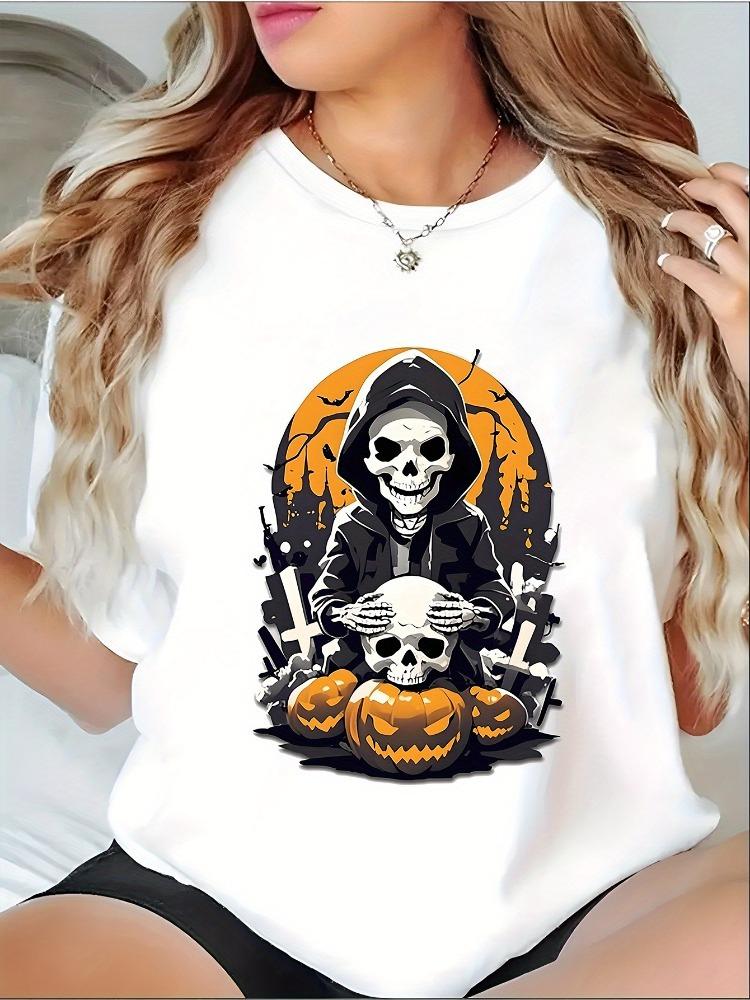 

Women Gothic Skull and Bat Print TShirt Soft Crew Neck Short Sleeve Top Casual Halloween Party Wear Comfortable YearRound Style 4XL