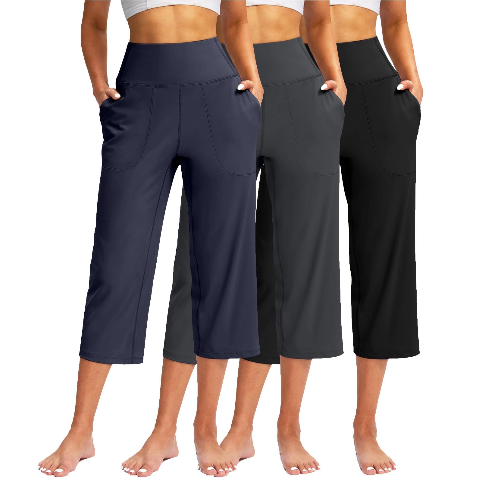 

3 Pack Women Elastic High Waist 3/4 Pant Casual Fit Wide Capris Leg Pants Trousers With Pockets XL Темно-синій