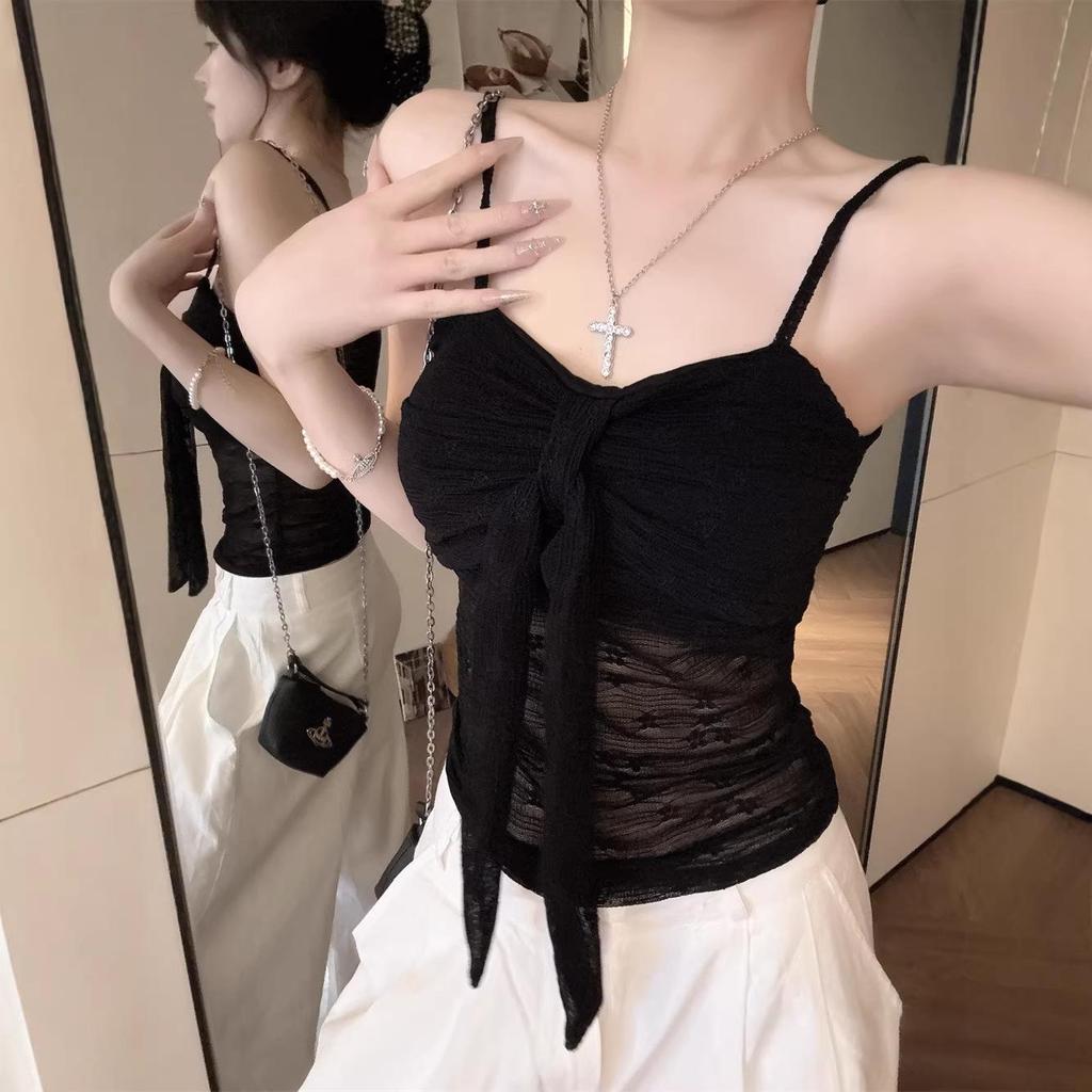 Sexy Lace Bandeau Tank Top - Women's Summer 2026 Style, Slightly See-Through, Bow Tie & Lace-Up Design