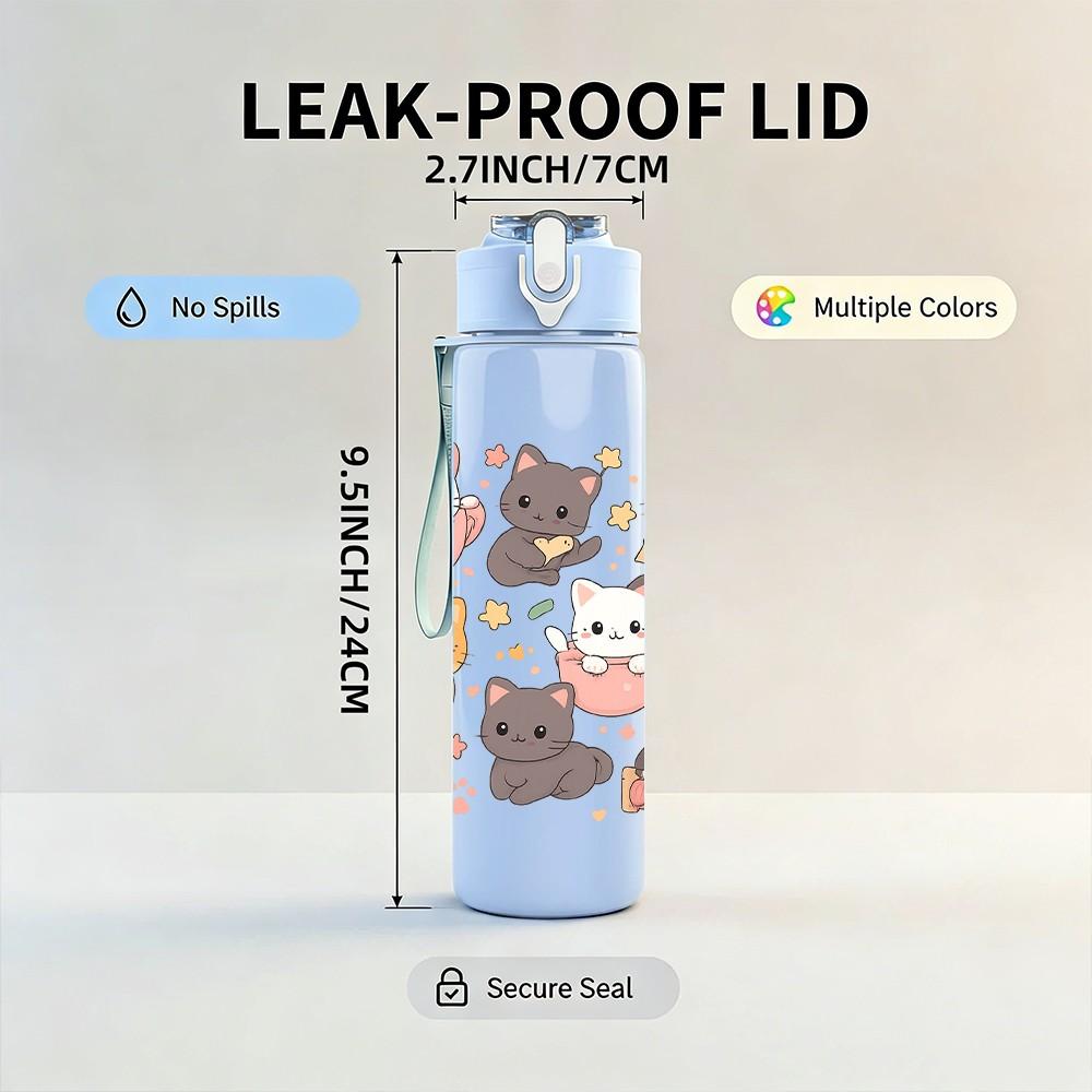 1PC Multi Cat Cute Repeat Pattern 750ml Color Plastic Sports Water Bottle Leakproof Flip Straw Lid Suitable for Sports Office Home Use