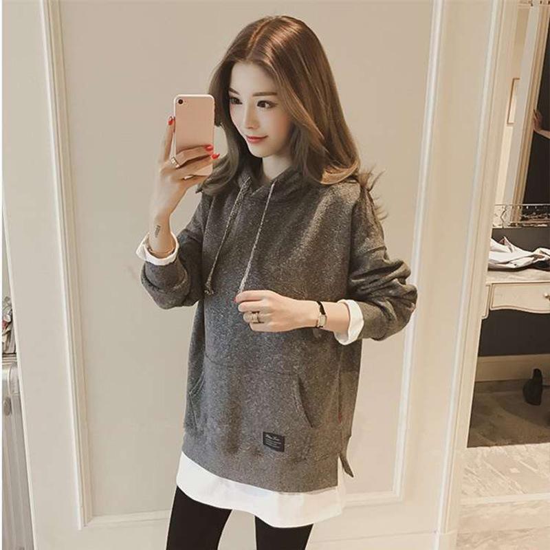 Women Warm Soft Hoodies Fake Two-piece Jacket Fall and Winter Thickened Hooded Simple Literary Long-sleeved Women's Clothing