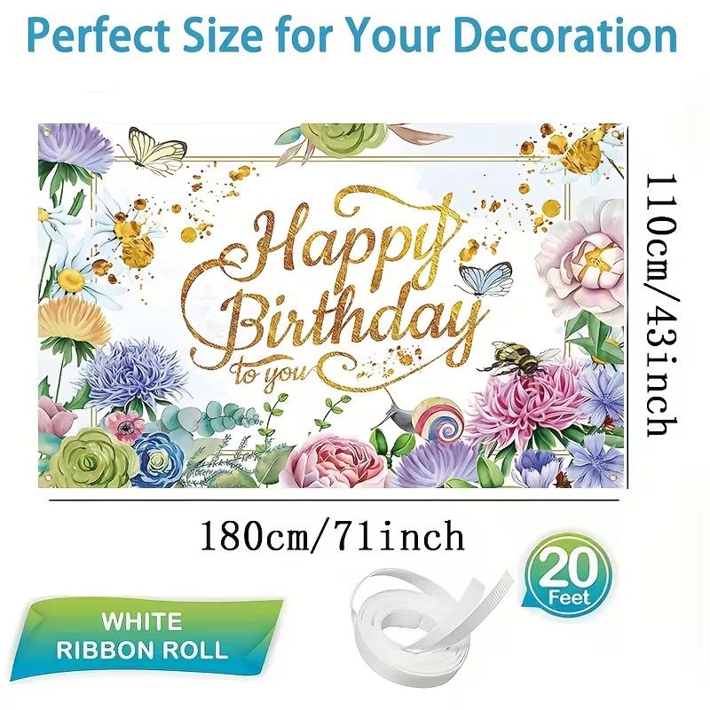 2D Spring Floral Birthday Backdrop, Gold Letter "Happy Birthday To You" Banner, Party Background Cloth