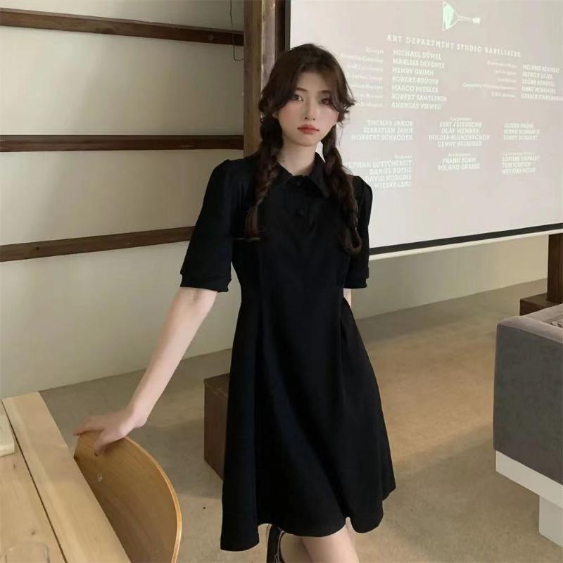 Short Sleeved Polo Collar Dress for Women Korean Version Hong Kong Style High Waist Slimming Mid Length Casual Dresses