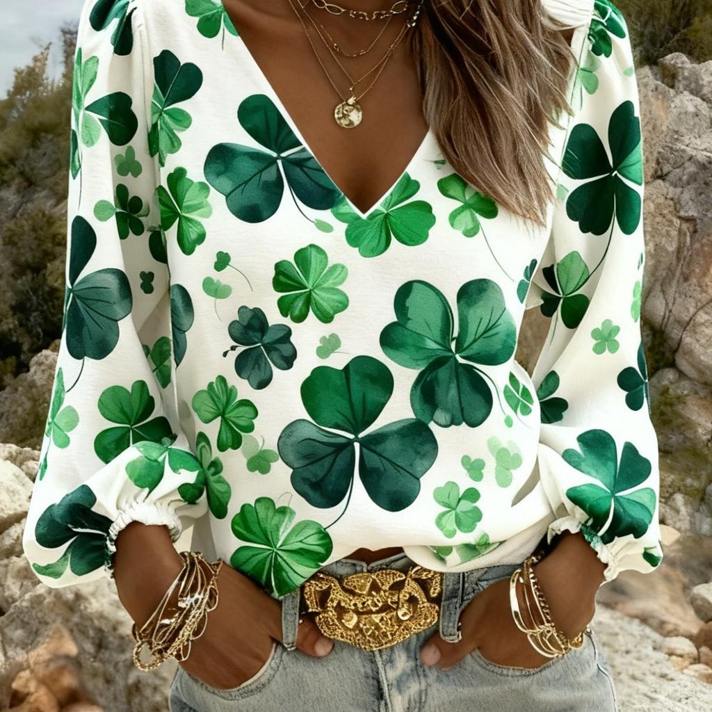 V-neck lantern-sleeve women's long-sleeved top, a romantic outfit that wishes for good luck. Suitable for summer vacations and outdoor gatherings.