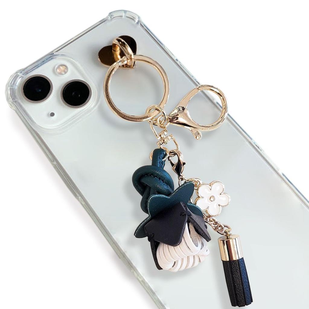[byDream] 3D Flower Key Ring with Charm, Car Keychain, PU Leather, Phone and Bag Keyring, Bag Decoration (White)