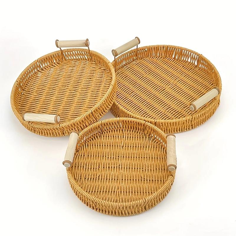 1Pc Plastic Tray Sundry Organizer Tray With Wooden Handle Desktop Decoration Storage Tray Jewelry Placement