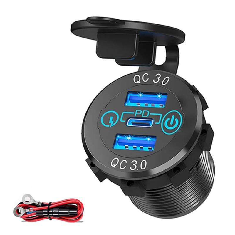 Car USB Charger Socket Metal 60W Cars Accessories 12/24V USB Outlet PD USB-C & Two QC3.0 Ports Touch Switch for Boat Marine