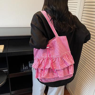 Niedliche College-Stil Karomuster Canvas Tasche Damen Neue Große Kapazität Spitzen Tragetasche