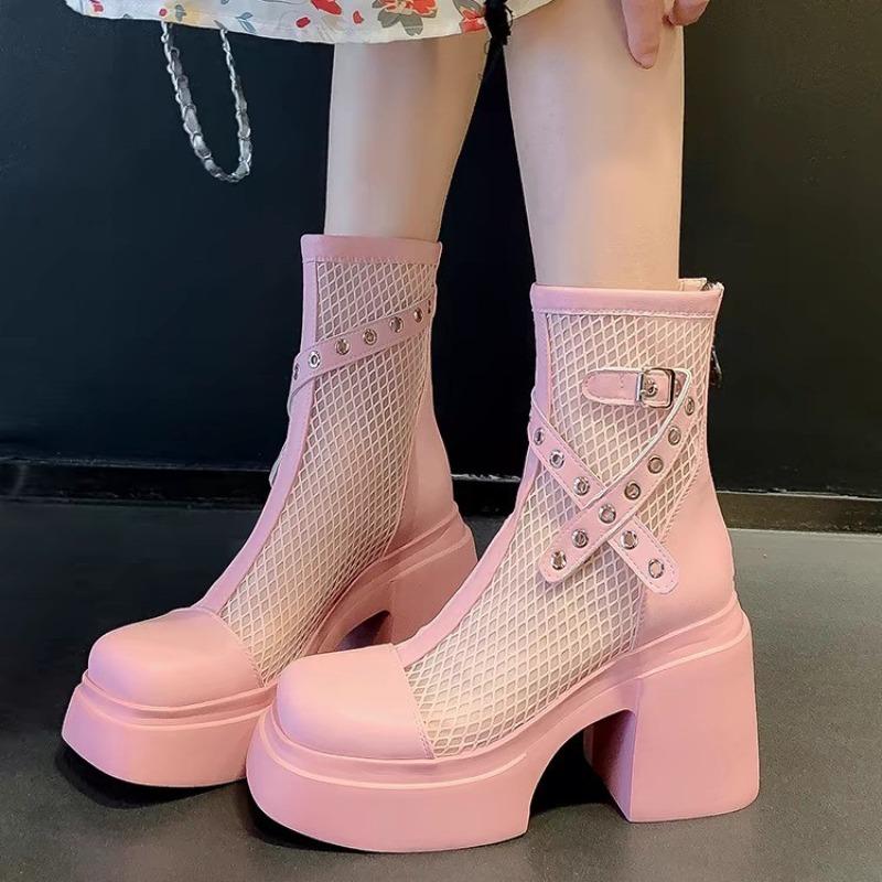 Fashion Lace Kawaii Summer Breathable Platform Boots Lace-up Thick Sole Women Back Zipper Height Increasing Boots Women's Breathe Boots