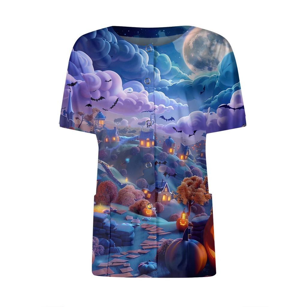 Women's Short Sleeved Patterned Pockets, Work Print Stand Up Collar, Single Breasted Protective Clothing, Cardigan Jacket, Top
