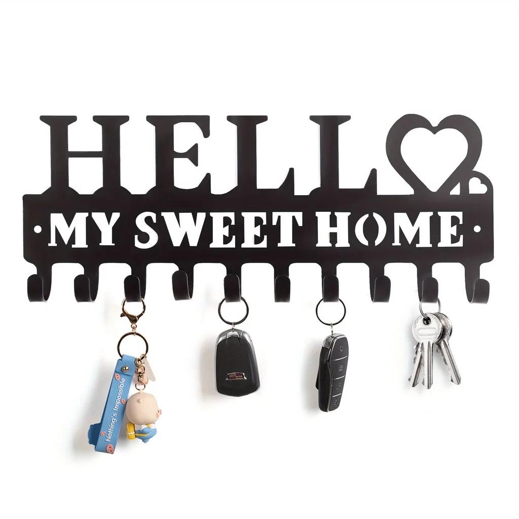 

Настенный держатель для ключей - Черный металл с рядом крючков для декоративной стены, также используется как вешалка для полотенец и пальто для хранения чёрный