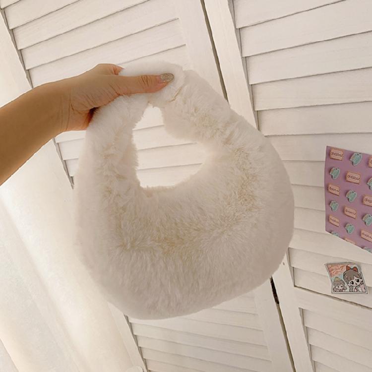 Faux Furs Shoulder Bag with Tie Zipper Casual Shoulder Bag Half Moon Purse Bag