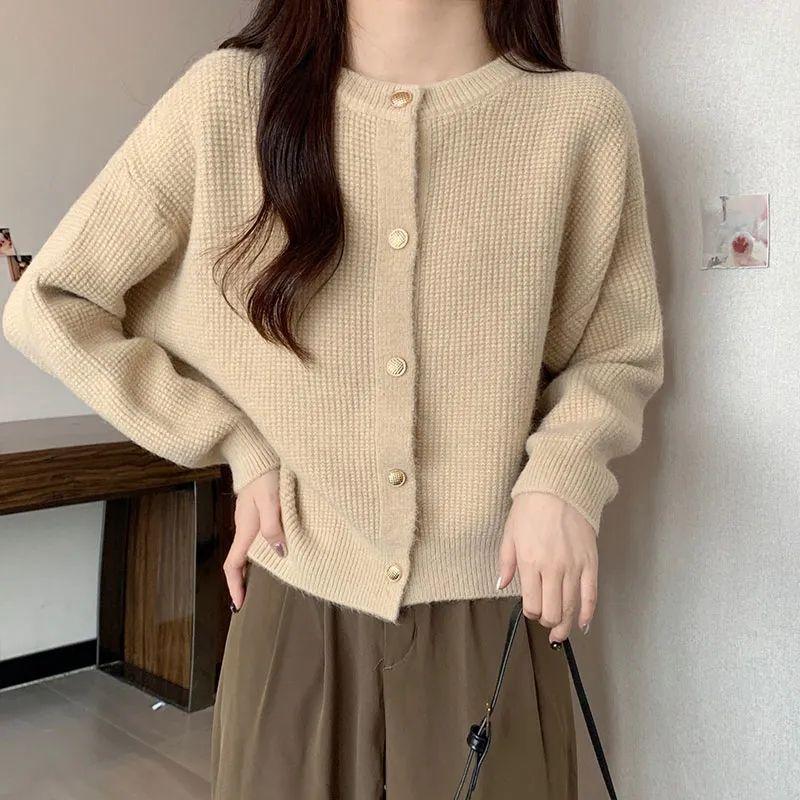 Round Neck Knitted Coat for Women Autumn Winter Gentle Temperament Short Top Thickened Sweater Cardigan