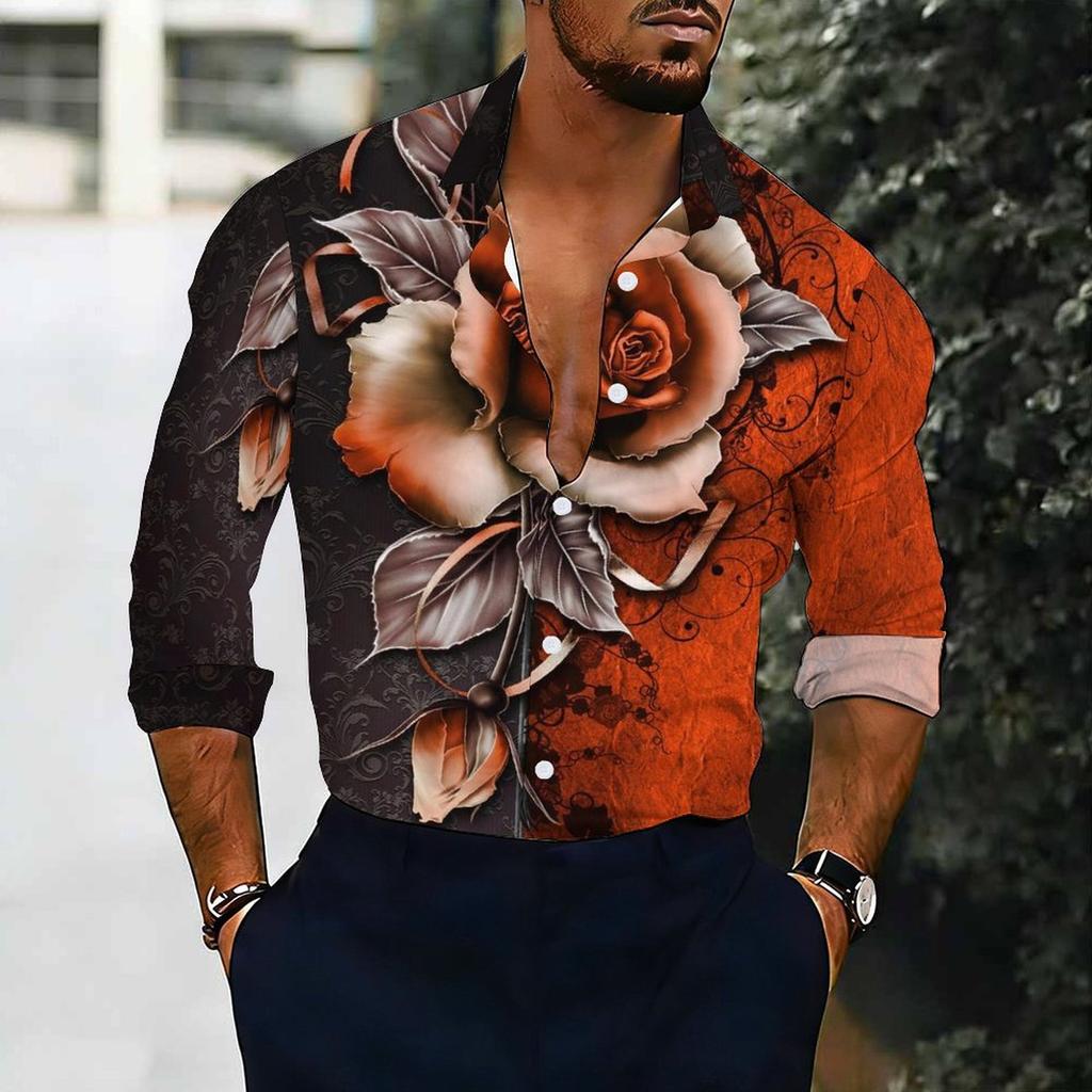 Men Collared Shirt Black Purple Two Tone Big Rose Floral Print Long Sleeve Button Down Top