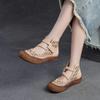 Johnature Hollow Breathable Sandals Genuine Leather Retro Soft Sole Comfortable Versatile Women's Shoes