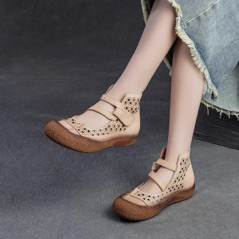 Johnature Hollow Breathable Sandals Genuine Leather Retro Soft Sole Comfortable Versatile Women's Shoes