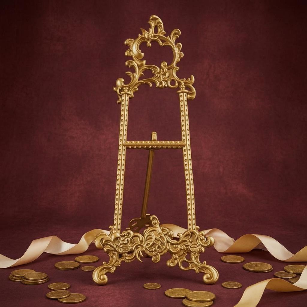 Verzierter Messing-Staffelei-Ständer mit durchbrochener Rollwerk-Display-Halterung, Bogenförmiger Oberteil-Ständer