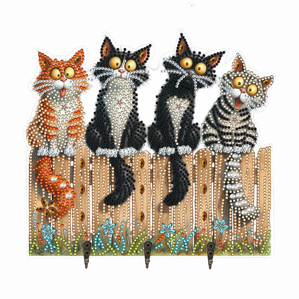 Wooden Funny Kitten Diamond Art Hanging Hooks Rhinestone Painting Coat Hook 3 Hooks Diamond Painting Hook Rail for Wall Cabinet