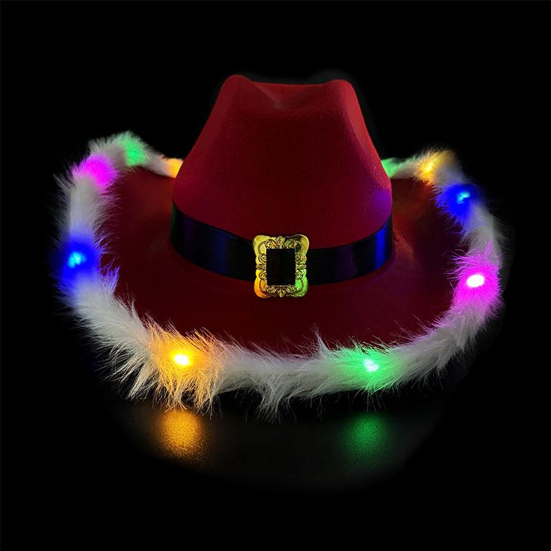 New Fashion Santa Claus Christmas Luminous Cowboy Hat Dance Costume Glowing Cowgirl Cap For Xmas Neon NightClub hat props