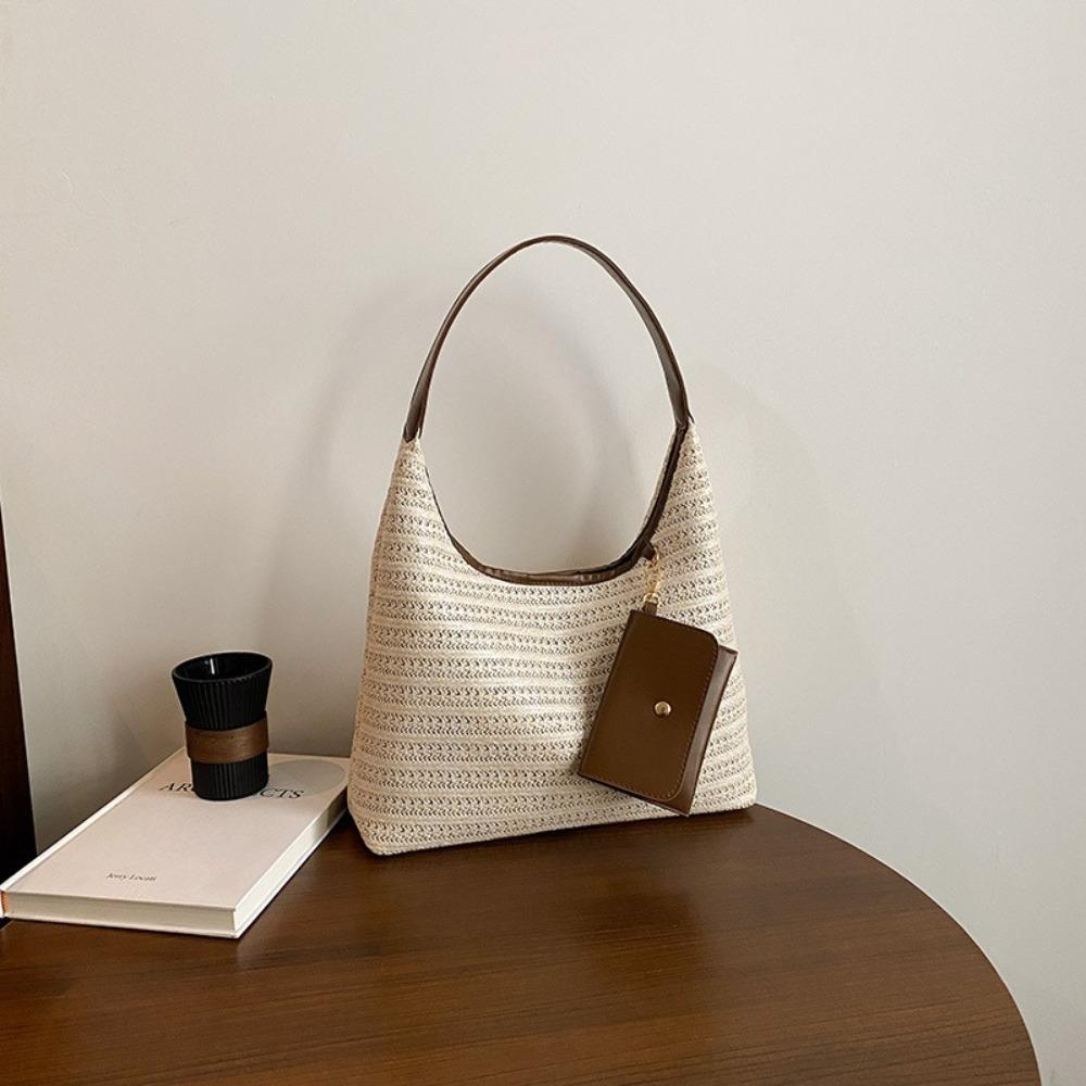 

Summer Straw Shoulder Bag Leisure Women s Tote Bag Fashion Weave Straw Bag Daily бежевый