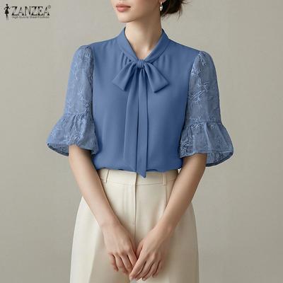 Damen Freizeitspitze Spleiß Halber Ärmel Lockere Bluse