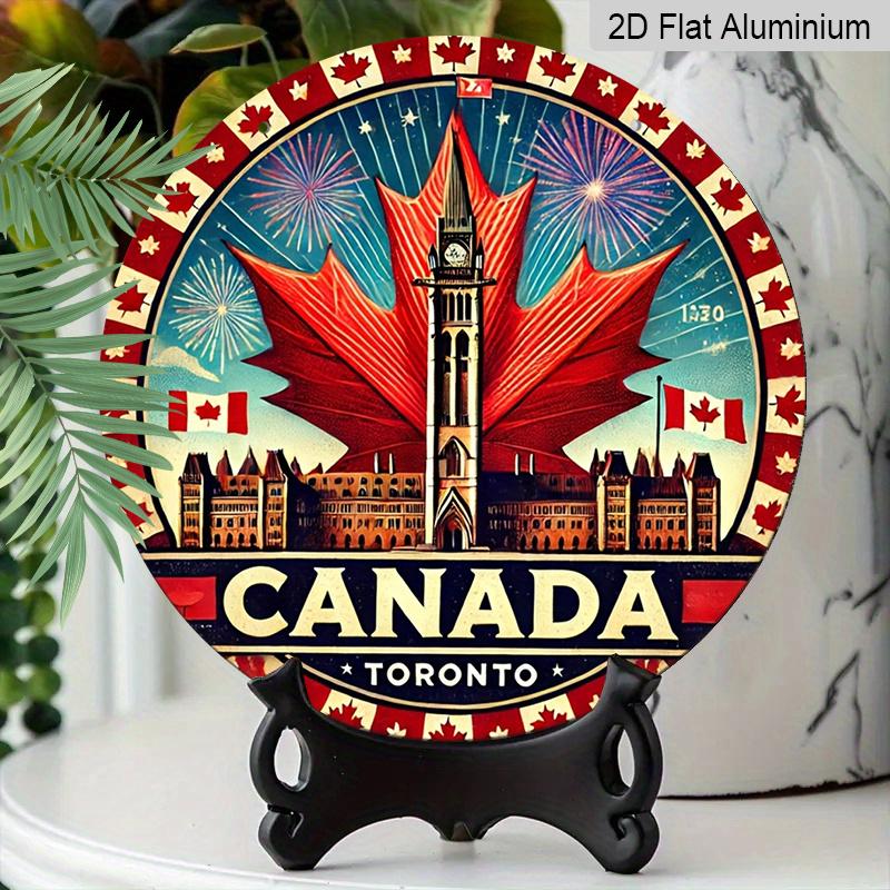 2D Flat, 1pc Toronto Canada Patriotic Flag Metal Wall Art - Retro Historic Buildings & Fireworks Sign with Maple Leaf Design, Durable Aluminum