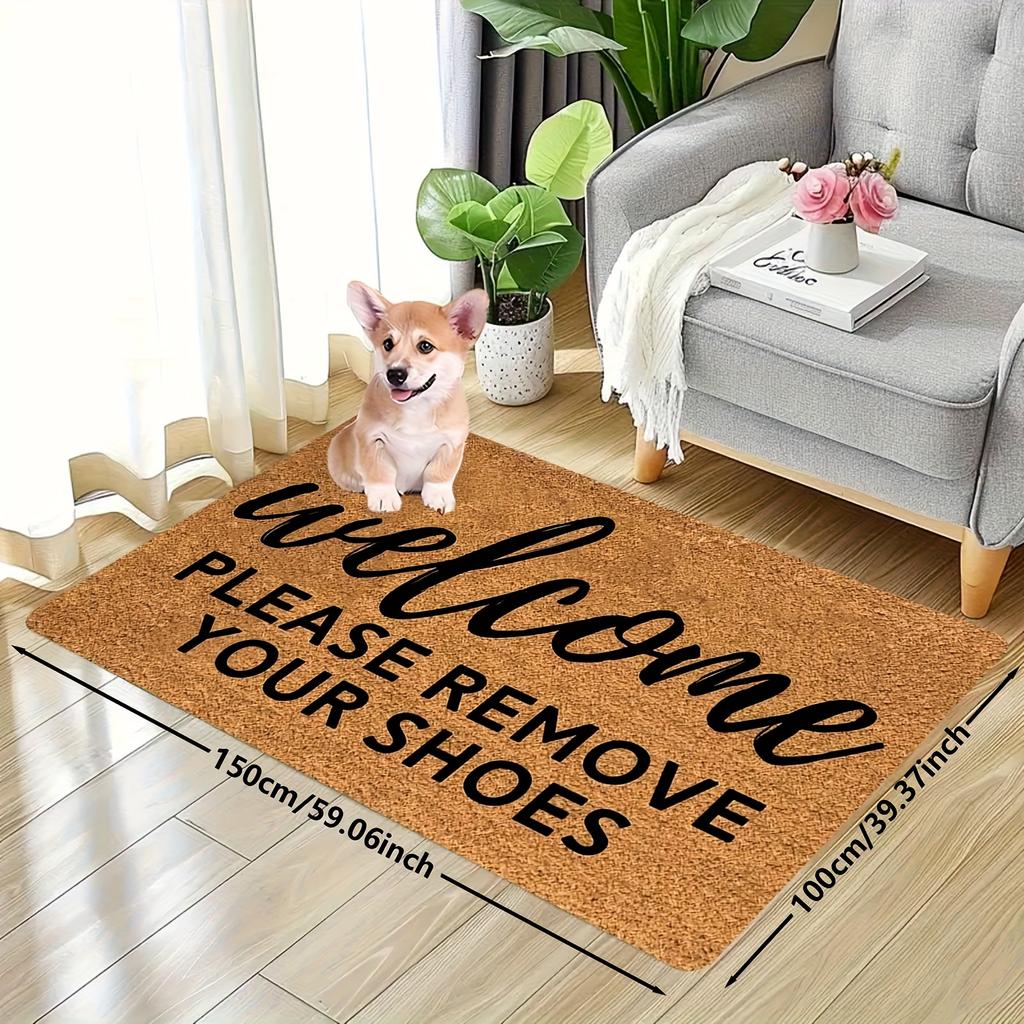 "Welcome Please Remove Shoes" Flannel Doormat - Machine Washable Polyester for Entryway, Kitchen, Balcony Indoor Decor Mat
