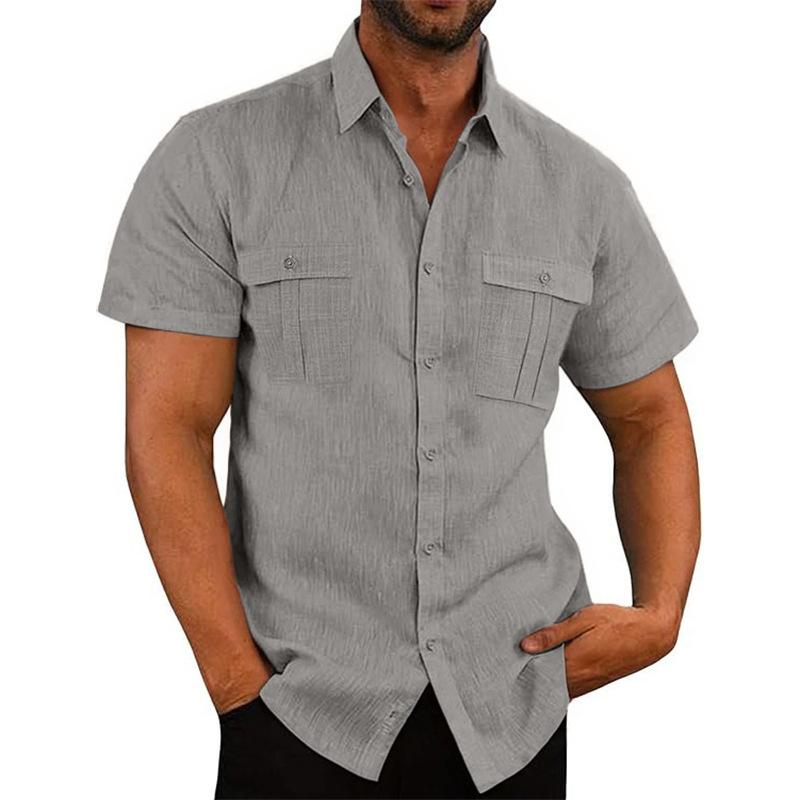 Summer men's linen shirt solid color pocket loose lapel casual cardigan short-sleeved t-shirt