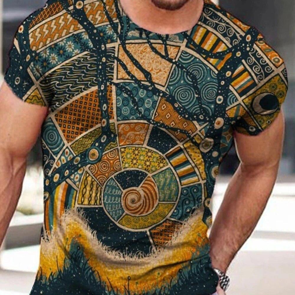 Pánská vintage oversized trička s krátkým rukávem SHUJIN 2021 letní tričko v etnickém stylu Harajuku s 3D potiskem O s grafickým límcem