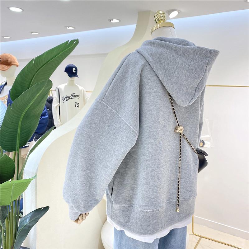 Autumn and Winter Women's Solid Hoodies Sweatshirts Loose Long Sleeve Tops Casual Sporty Thick Warm Ladies Pockets Hooded Pullover Sweatshirt