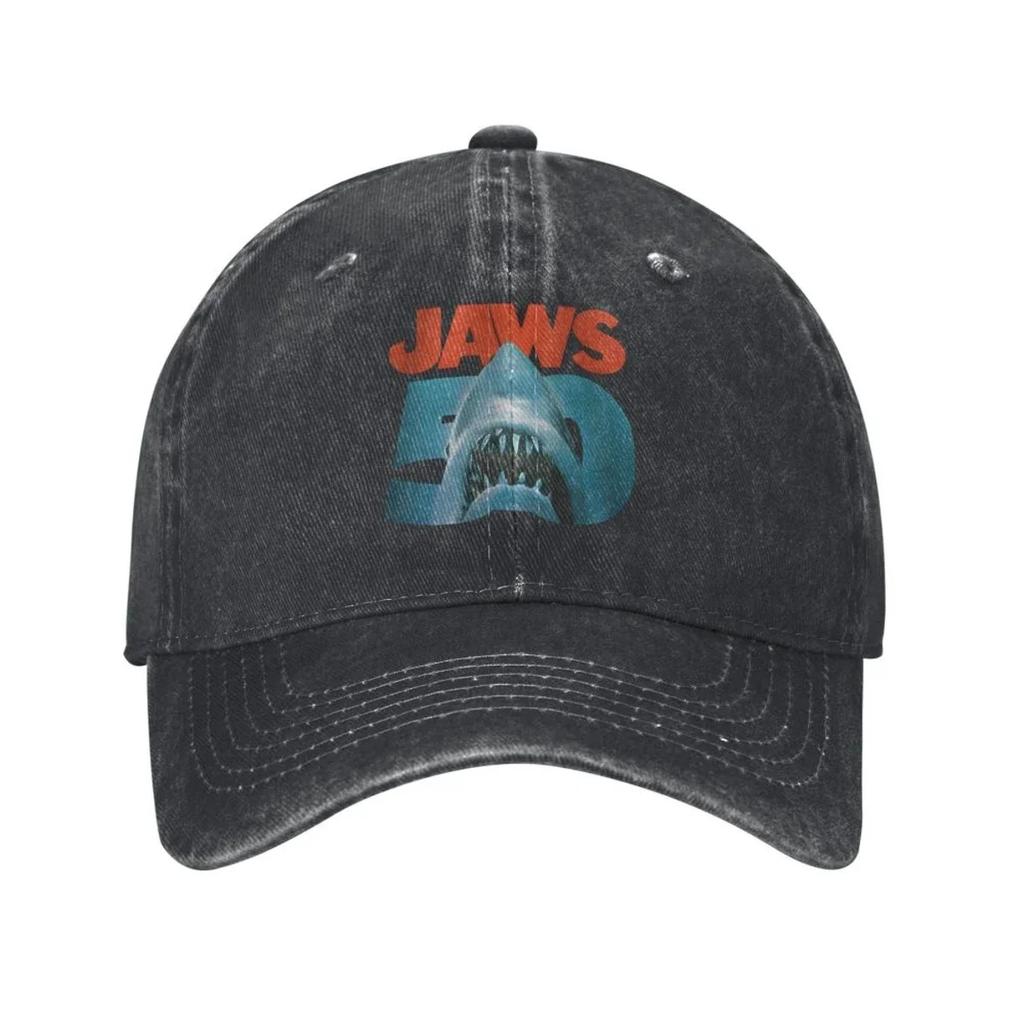 Cappellini da Baseball Logo 50° Anniversario di Lo Squalo Denim Vintage Usurato Snapback Classico Film All'aperto Morbidi Senza Struttura