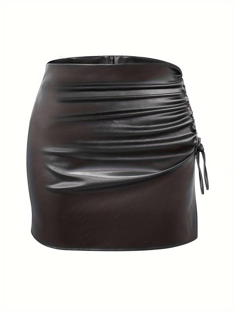 Herbst- und Winterdesign sexy Babes einfarbig Kordelzug Träger geschlitzte Säume kleiner A-Saum hohe Taille Hüfte PU-Leder Miniskirt