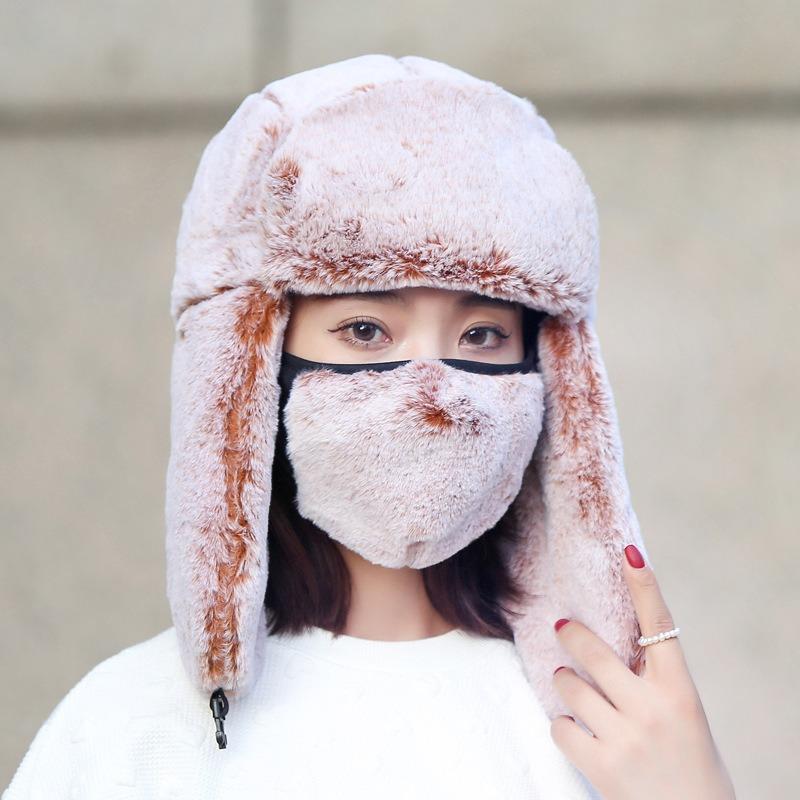 New women's warm two-piece set with mask, piled and thickened in winter, windproof and cold-proof imitation rabbit fur high-quality version