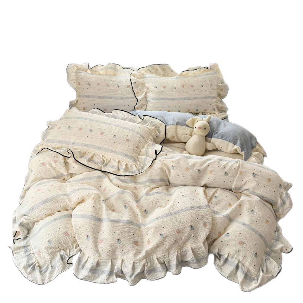 Bubble Cotton Fresh Floral Lace Bedding Set - 4-Piece Soft Duvet Cover & Sheet