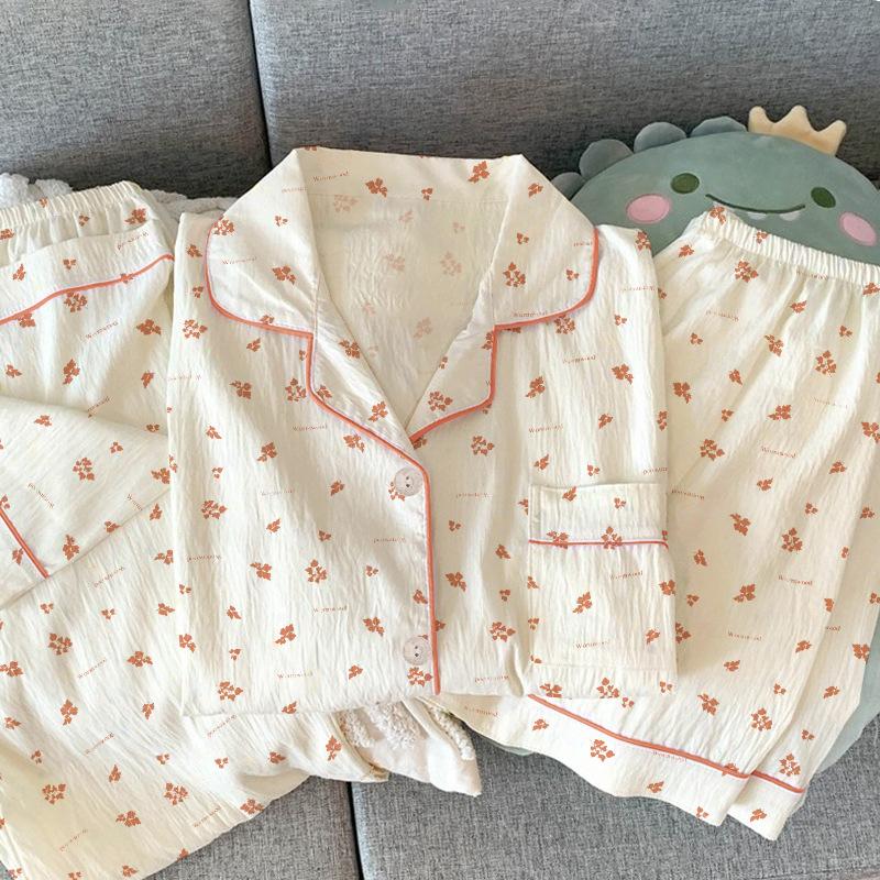 Мятые пижамы женские летние с коротким рукавом из трех предметов идиллические милые цветочные повседневные студенческие домашние костюмы L