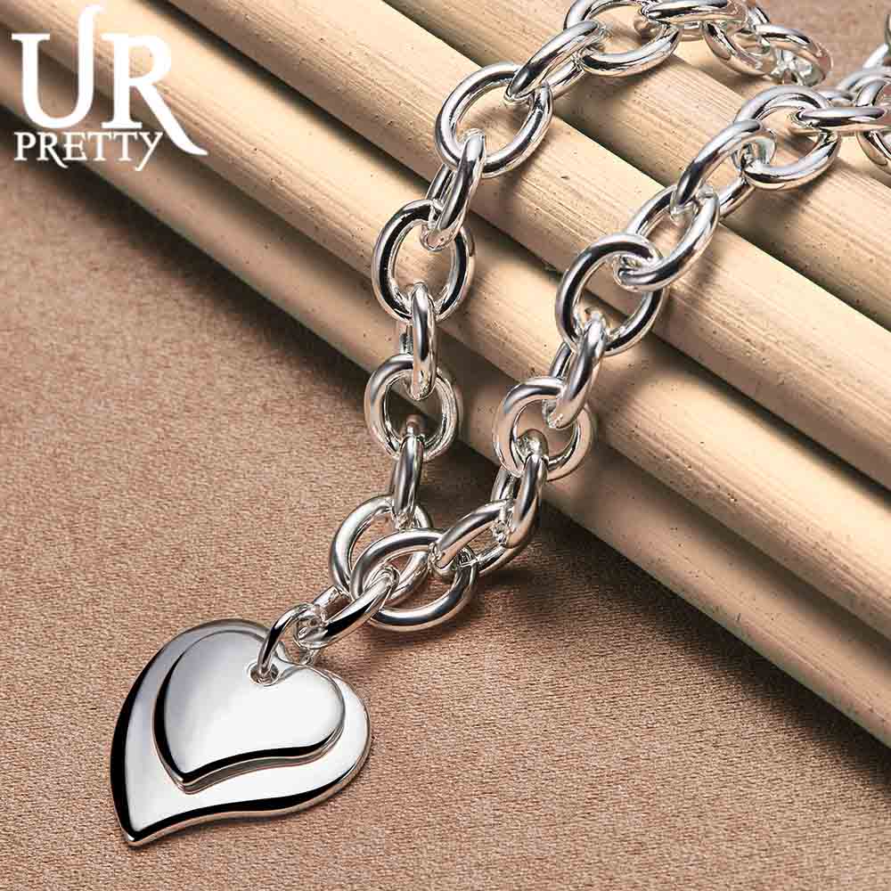 925 Sterling Silver Double Heart Pendant Necklace Fashion Wedding Jewelry