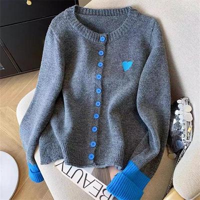 Japanese Heart Embroidered Knit Cardigan - Women's Slim Colorblock Sweater for Spring & Autumn
