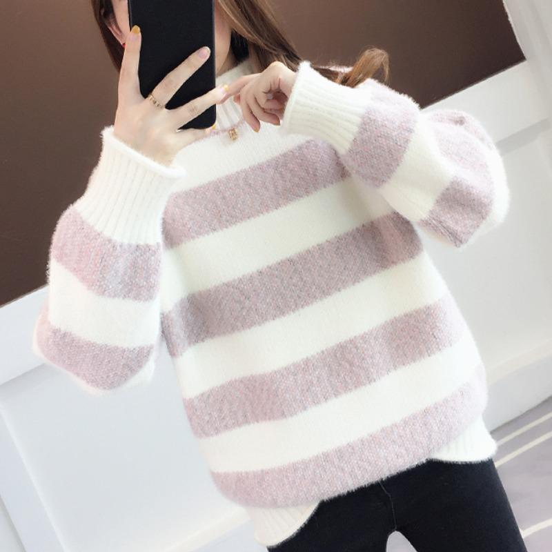 Autumn Casual Half High Collar Knitted Sweater Women Fashion Long Sleeve Loose Striped Winter Pullovers Sweaters Women Elegant Warm Lady Jumpers 25522
