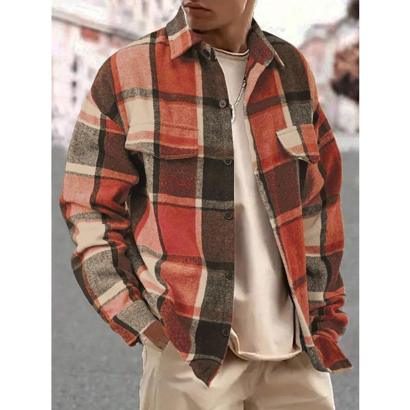 Men's Lapel Checkered Shirt Retro Brushed Casual Long-sleeved Jacket