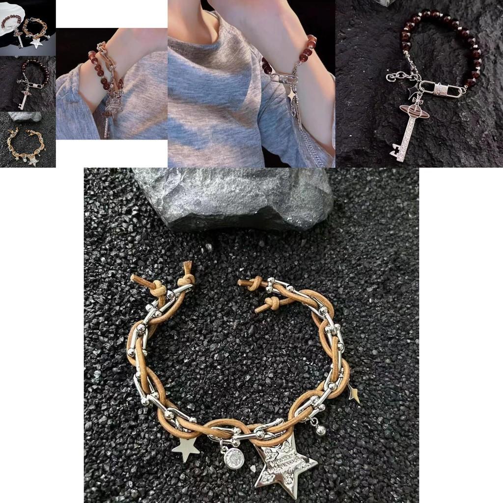 Chic Brown Leather Star Beads Bracelet Trendy Unique Design For Men And Women