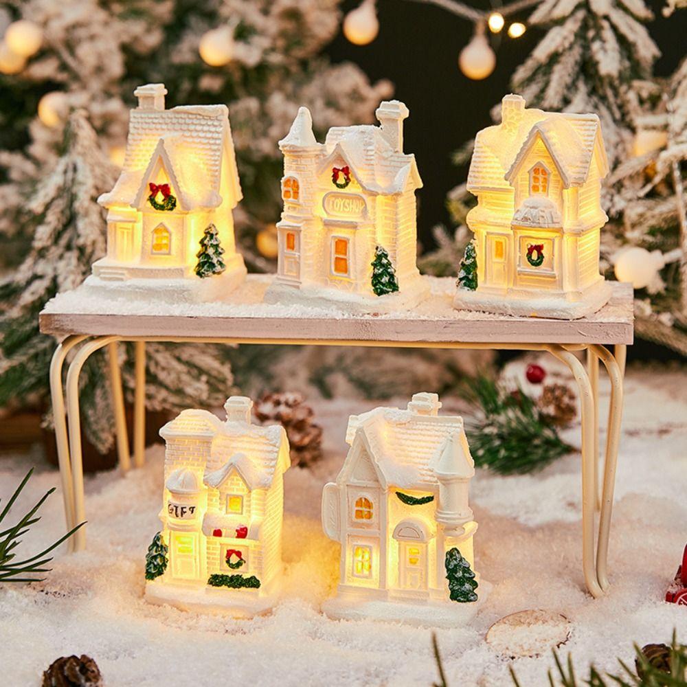 Resin Christmas Glowing Small House Cute Cartoon Table Decorations  New Year Decoration