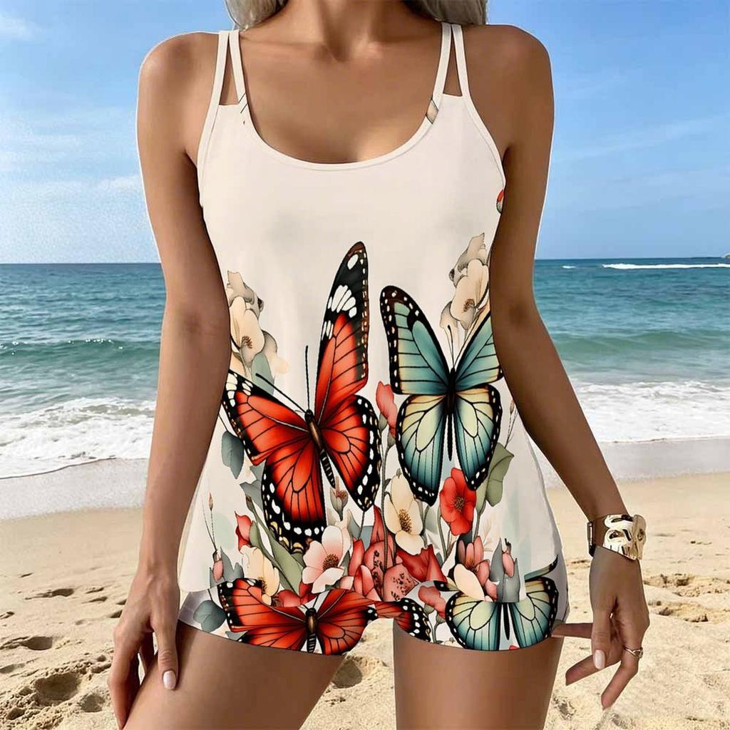 Women's Swimwear Tankini 2 Piece Swimsuit Butterfly Flowers  Pattern Vacation Bathing Suits